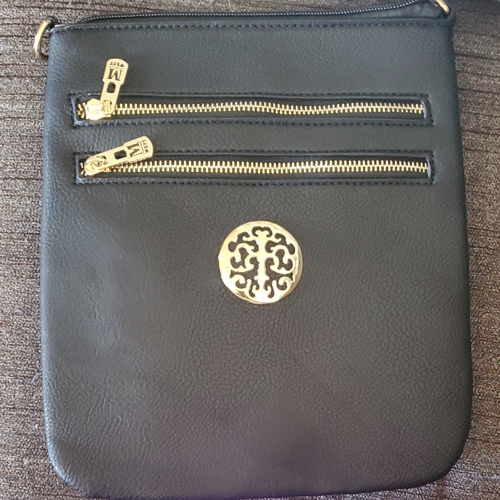 Black Crossbody Bag with Gold Accents